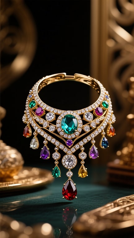 Gold necklace set with coloured stones, on a dark background (mood image)